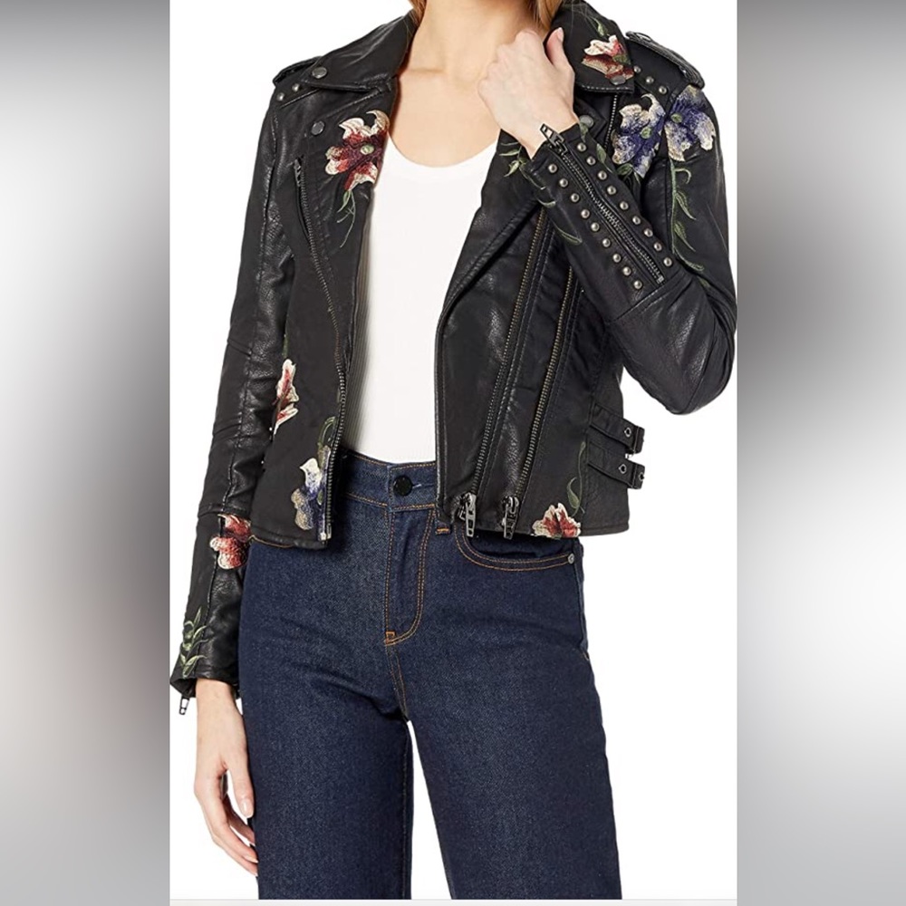 BLANKNYC Black Moto Vegan Leather Jacket - Floral Embroidery - size small